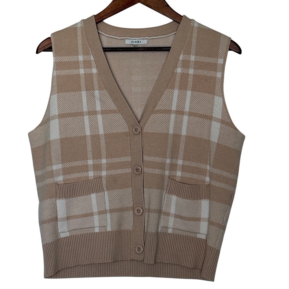 Sioni Plaid Knit Sweater Vest Large Neutral Button Front Preppy